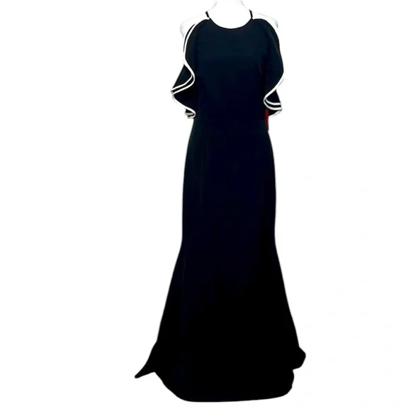 Vince Camuto sleeveless open back crepe drama ruffle black gown size 14 - Picture 2 of 10